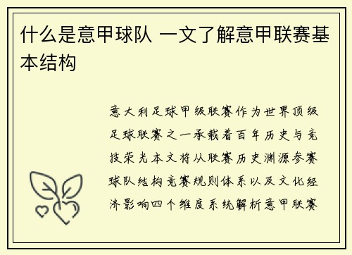 什么是意甲球队 一文了解意甲联赛基本结构