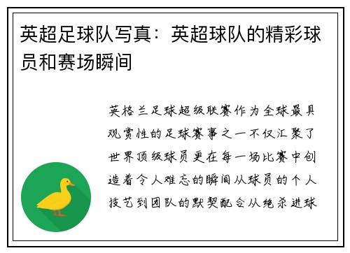 英超足球队写真：英超球队的精彩球员和赛场瞬间