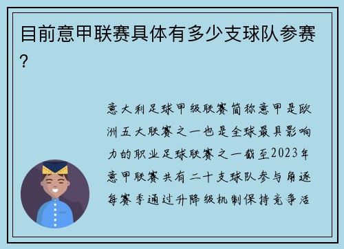 目前意甲联赛具体有多少支球队参赛？