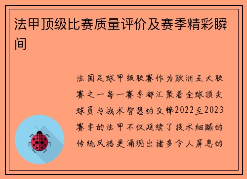 法甲顶级比赛质量评价及赛季精彩瞬间