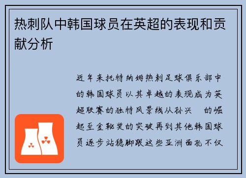 热刺队中韩国球员在英超的表现和贡献分析