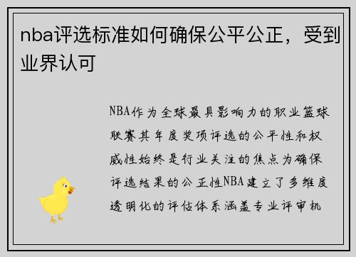 nba评选标准如何确保公平公正，受到业界认可